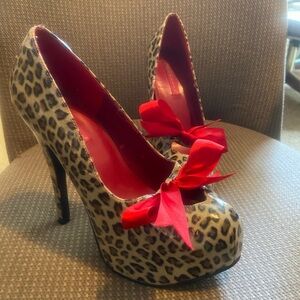 Bordello Brown and Red Platform Heels with Leopard Print